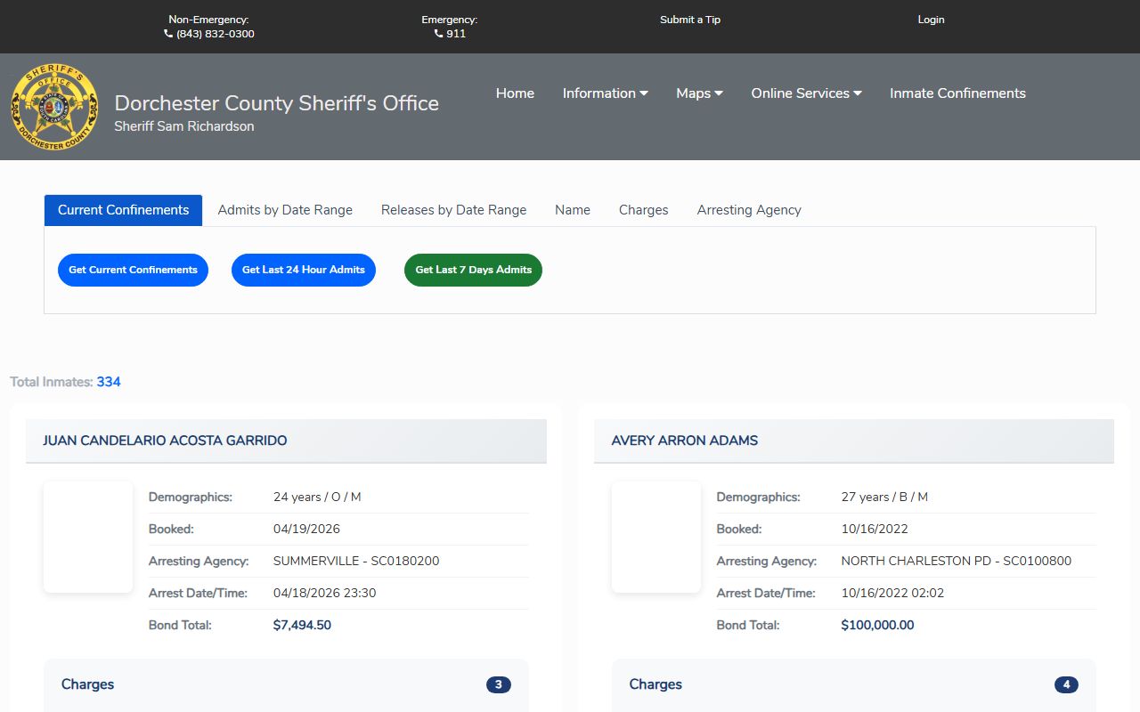 Dorchester County Citizen Connect current inmate confinements search interface
