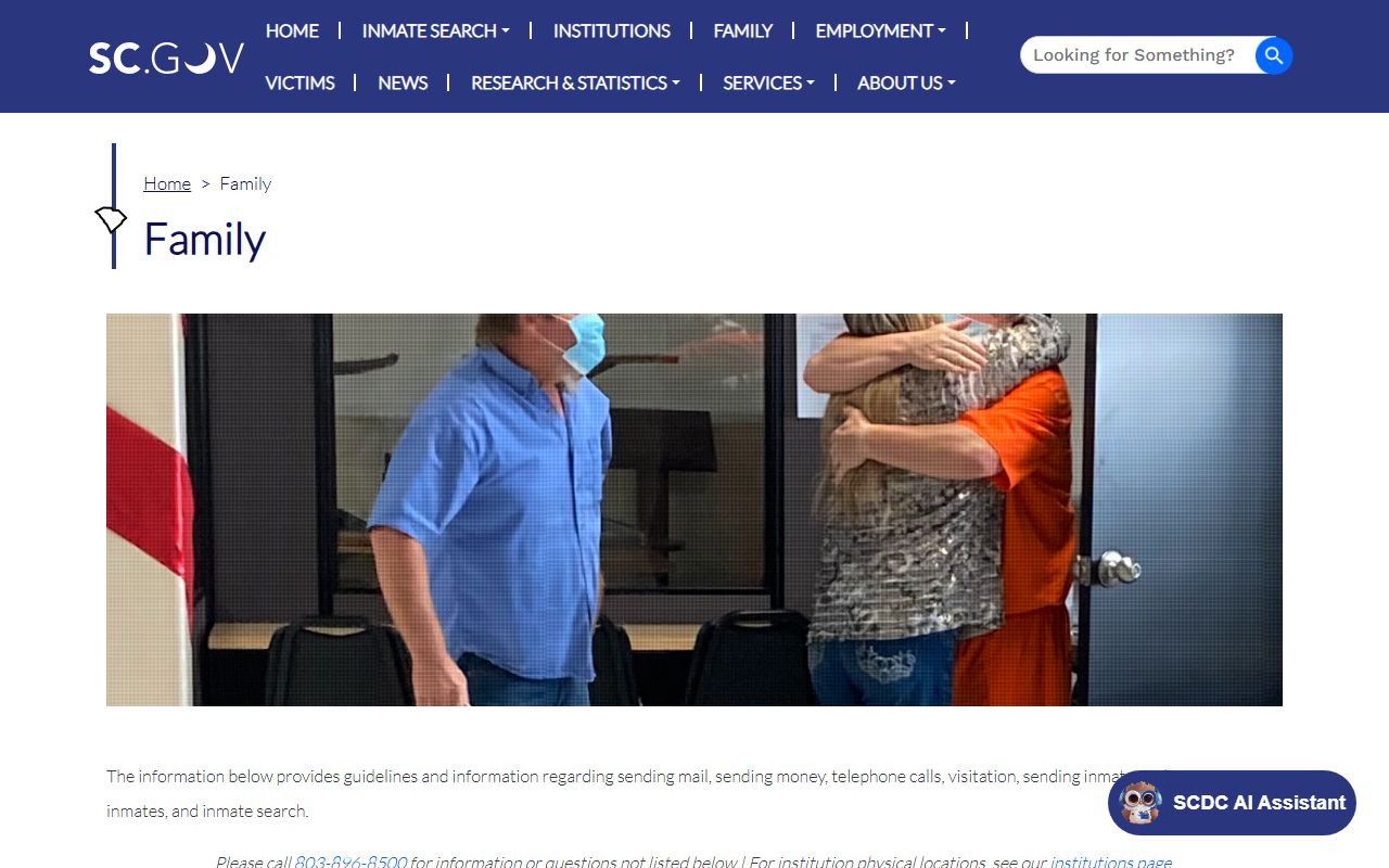 South Carolina Department of Corrections family services page for visitation mail money and phone rules