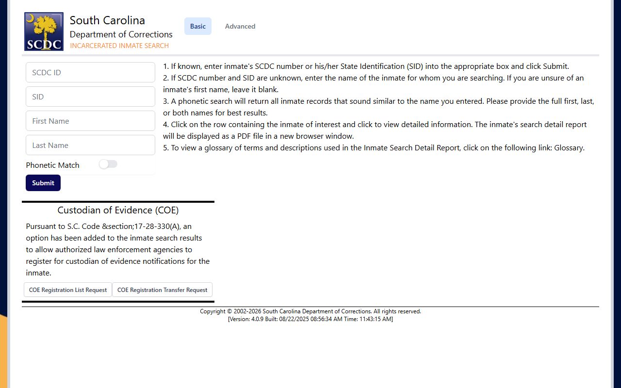 South Carolina Department of Corrections public inmate locator search fields